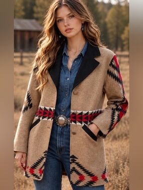 Pendleton Virgin Wool Aztec Tribal South Western Boho Blanket Coat